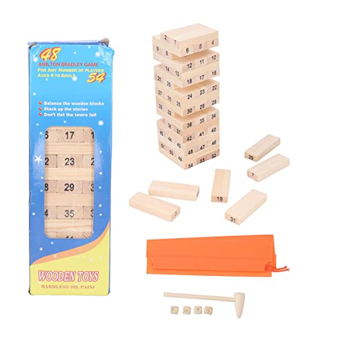 SALALIS Holzbausteine, Stapelspiel, Balance-Spielzeug, Holzblöcke, Stapelspiel, Gleichgewichtstraining, 54 Blöcke, 4 Würfel, Mallet, Kinder-Umkipp-Blockspiel für Erwachsene, Kinder, von SALALIS