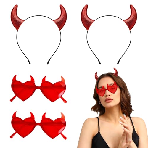 SANLIUSANJIU 4pcs Halloween Haarreif Glitzer Teufelshörner Haarreif, Liebe Herz Haarreifen Partybrille Set, Rot Karneval Amor Kostüm Brille Zubehör für Hochzeit Foto Requisiten Kostüm Party von SANLIUSANJIU