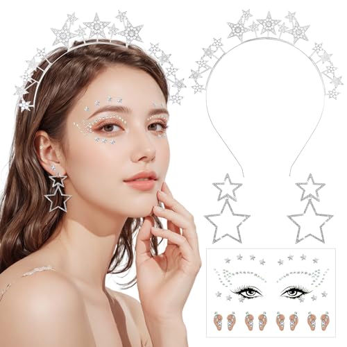 SANLIUSANJIU 3 Stück Sterne Haarreif Set, Glitzer Sterne Stirnband + Sterne Ohrringe + Gesichtstattoo, für Damen Mädchen Karneval Fasching Geburtstag Party Kostüm Glitzer Haarschmuck von SANLIUSANJIU