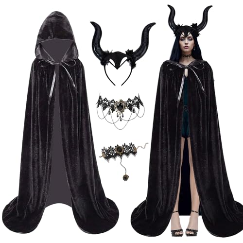 SANLIUSANJIU 4 Pcs Halloween Königin Hörner Helm KostümSet, Königin Hörner Teufel Kopfschmuck Damen, Schwarzer Umhang mit Kapuze mit Teufelshörner Gothic Spitze Halskette Karneval kostüm Accessorie von SANLIUSANJIU