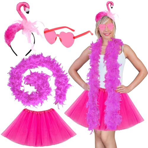 SANLIUSANJIU 4Pcs Damen Flamingo Kostüm, Hawaii Kostüm Damen, Flamingo Haarreif, Rosa Tüllrock Tutu Rock Federschal, Herz-Sonnenbrillen, Fasching Karneval Fasching Flamingo Kostüm von SANLIUSANJIU