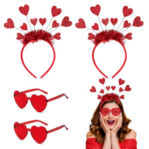 SANLIUSANJIU 4pcs Liebe Herz Haarreifen Partybrille Set, Valentinstag Herz Stirnbänder Faschingsparty Brille, Rot Karneval Amor Kostüm Brille Zubehör für Hochzeit Foto Requisiten Kostüm Party (A) von SANLIUSANJIU