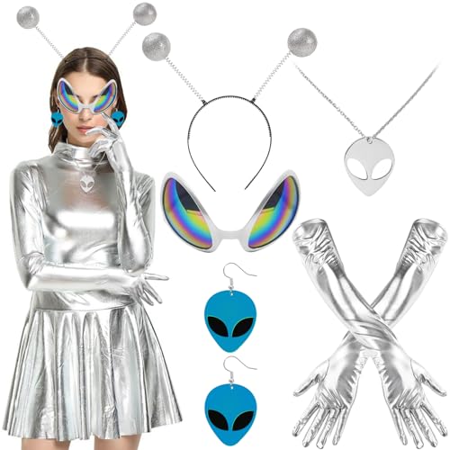 SANLIUSANJIU 5-Teiliges Alien Accessoires, Alien Kostüm Accessoires, Alien Space Karneval Costume Accessoires, Alien Haarreif Alien Brille, für Damen Karneval Halloween Cosplay Maskerade von SANLIUSANJIU