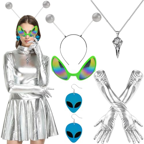 SANLIUSANJIU 5-Teiliges Alien Accessoires, Alien Kostüm Accessoires, Alien Space Karneval Costume Accessoires, Alien Haarreif Alien Brille, für Damen Karneval Halloween Cosplay Maskerade von SANLIUSANJIU