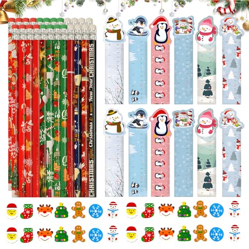 SANLIUSANJIU 64 Pcs Weihnachtstag Bleistifte Set, mit 24 X Bleistifte, 28 X Mini Radiergummis, 12 X Lineal für Weihnachtstag Favours Hausaufgaben Belohnung Geschenk von SANLIUSANJIU