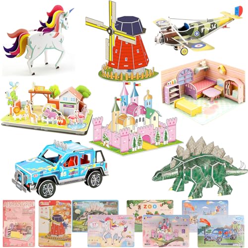 SANLIUSANJIU 8 Stücke 3D Puzzle Kinder Spielzeug Paket, 3D Puzzle Lernspielzeug, 3D Cartoon Puzzle, Puzzle 3D Lernspielzeug Tieren, Haus, Geschenke für Kinder und Mädchen Weihnachten (A) von SANLIUSANJIU