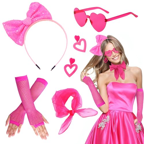 SANLIUSANJIU 80er 90er Jahre Outfit Damen Rosa Accessoires, Pailletten Stirnband, Rosa Herz Ohrringe, Herz Sonnenbrille usw, Karneval 80er 90er Jahre Jahre Retro Party Kostüm Costume von SANLIUSANJIU