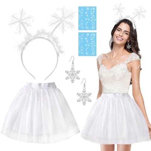 SANLIUSANJIU Damen Schneeflocke Kostüm Set, Damen Schneeflocken-Tüllrock + Schneeflocken Haarreif + Schneeflocken Tattoo + Schneeflocken Ohrringe für Weihnachten Party Karneval Damen Mädchen von SANLIUSANJIU