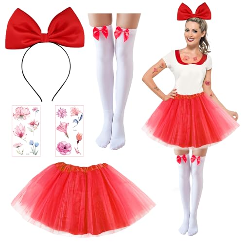 SANLIUSANJIU Damen Schokobons Kostüm Set, Groß Schleife Stirnband + Schleife Overknee Strümpfe + Rot Tüllrock Tutu Kurzer Rock + Tattoo Aufkleber, Karneval Mottoparty Kostüm Accessoires von SANLIUSANJIU