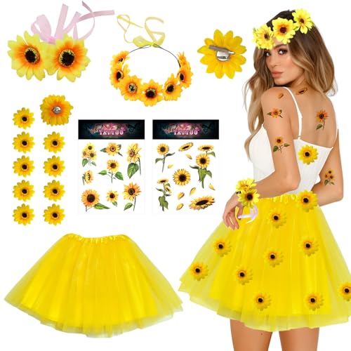 SANLIUSANJIU Damen Sonnenblume Kostüm Set, Tutu Rock mit Sonnenblume Haarschmuck Stirnband, Sonnenblume Köpfe Armbänder, Sonnenblume Aufkleber, Sonnenblume Blumen, für Karneval Hochzeit Party Thema von SANLIUSANJIU