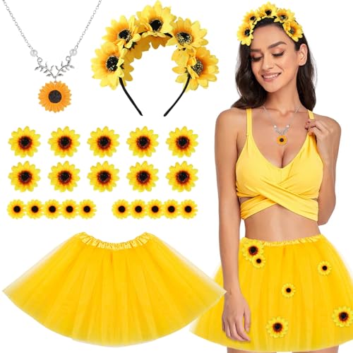 SANLIUSANJIU Damen Sonnenblumen Kostüm, Damen Sonnenblumen Kostüm Stirnband Haarschmuck, Sonnenblumen-Halskette, Mädchen Sonnenblumen Stirnband Set für Karneval Mottoparty Hochzeit (B) von SANLIUSANJIU