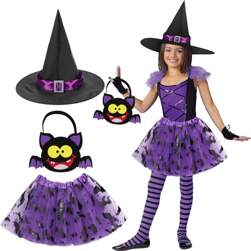 SANLIUSANJIU Halloween Fledermaus Kostüm Mädchen Set, 3 Stück Kinder Hexen Kostüm mit Fledermaus Tutu Rock, Hexen Hut, Süßigkeitstasche für Kinder 3-10 Jahr Halloween Karneval Party Kostüm (A) von SANLIUSANJIU