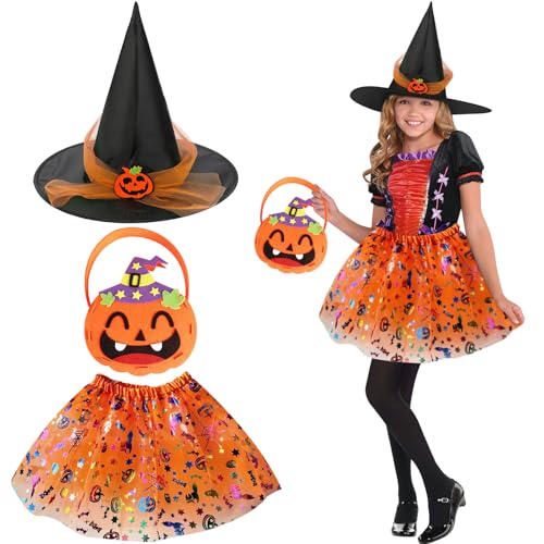 SANLIUSANJIU Halloween Tütü Hexen Verkleidung Set, 3 Stück Kinder Hexen Kostüm mit Kürbis Tutu Rock, Hexen Hut, Süßigkeitstasche für Kinder 3-10 Jahr Halloween Karneval Party Kostüm von SANLIUSANJIU