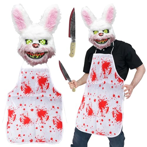 SANLIUSANJIU 3 Stück Halloween Maske Horror Kaninchen Set, Gruselige Hase Maske, Halloween Hasen Gruselkostüm mit Maske, Erwachsene & Teenager Eine Größe passt allen von SANLIUSANJIU