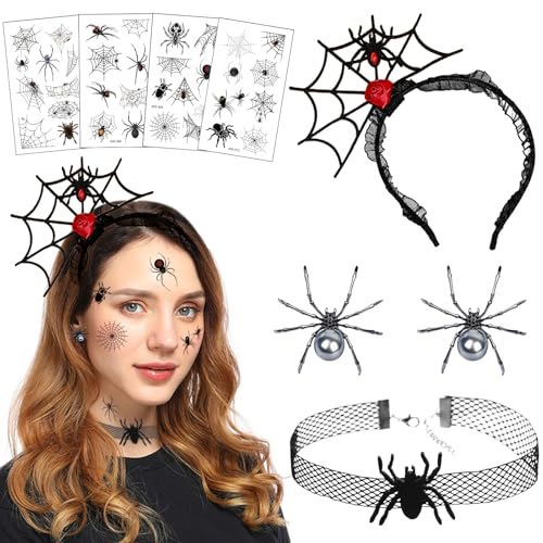 SANLIUSANJIU Halloween Spinne Haarreifen Kostüm Accessoires, Schwarz Spinne Spinnweben Haarband, Halloween Cosplay Karneval Kostüm Accessoire Spinne Ohrringe Halskette Schwarz Spinnen Tattoos von SANLIUSANJIU