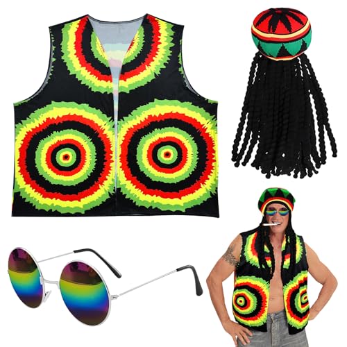 SANLIUSANJIU Hippie Tribal Stattoo Shirt Kostüm, 3 Stück Kostümset Rastamann, Unisex Jamaikanische Weste + Mütze mit Dreadlocks + Bunt Brille, Karneval Motto-Party Erwachsene Kostüm von SANLIUSANJIU