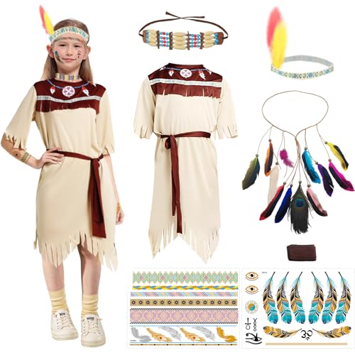 SANLIUSANJIU Indianer Kostüm Kinder Mädchen Kleid Set, Heimisch indisch Kostüm Kinder, Feder Stirnband Haarschmuck Choker Halskette Tattoo, Karneval Halloween Kinder Kostüm 4-11 Jahre von SANLIUSANJIU