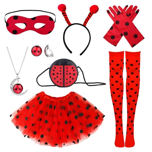 SANLIUSANJIU Ladybug Kostüm Mädchen Set, Ladybug Maske, Ladybug Handschuhe, Ballerina Tutu, Mädchen Ohrringe Halskette usw, Ladybug set Für 6-12 Jahre kinder Karneval Marienkäferm Kostüm Geschenke von SANLIUSANJIU