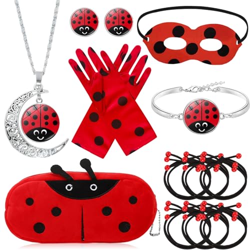 SANLIUSANJIU Marienkäfer Kostüm Zubehör Set, Ladybug Maske, Ladybug Handschuhe, Mädchen Ohrringe Halskette, Armband Schreibwaren Tasche Ladybug Set, Karneval Rote Marienkäferm Kostüm Geschenke von SANLIUSANJIU