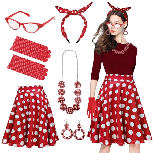 SANLIUSANJIU Kostüm 50er Jahre Damen, Rockabilly Kostüm Damen Set, Polkarock und Accessoires, Damen Zubehör Kostüm retro, für Karneval,Halloween,Fasching,Mottoparty von SANLIUSANJIU