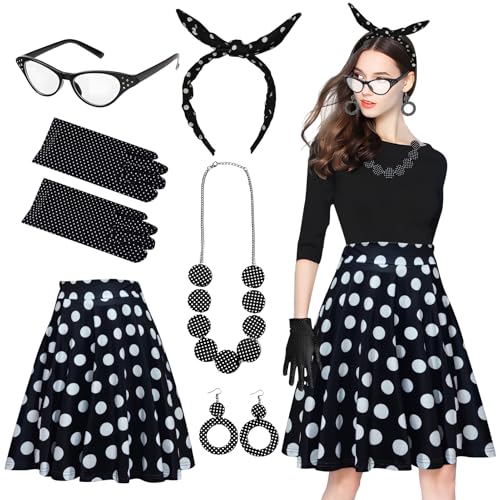 SANLIUSANJIU Kostüm 50er Jahre Damen, Rockabilly Kostüm Damen Set, Polkarock und Accessoires, Damen Zubehör Kostüm retro, für Karneval,Halloween,Fasching,Mottoparty von SANLIUSANJIU