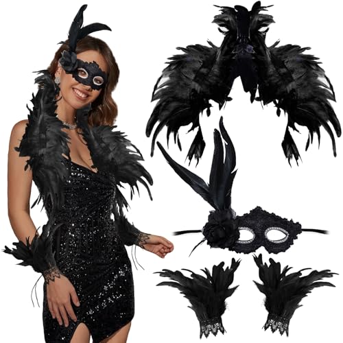 SANLIUSANJIU Schwarzer Federumhang Set, Gothic Feder Achselzucken Schalkragen Schal Damen Federkragen mit Feder Manschetten und Gothic Federmaske, Halloween Maskerade Damen Maleficent Kostüm von SANLIUSANJIU