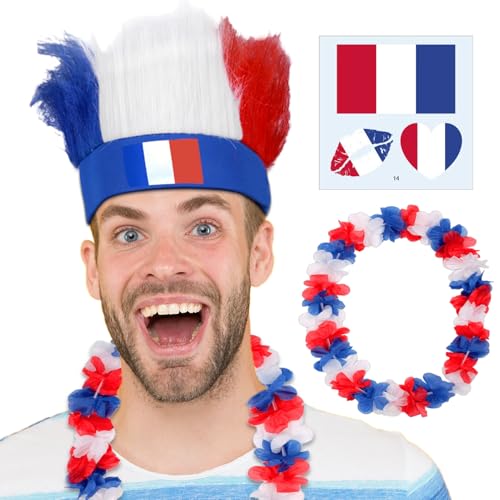 SANLIUSANJU Frankreich Perücke + Frankreich Hawaiianische Blumenketten + Frankreich Aufkleber, Frankreich Spiele 2024 Europa League Fan Gear Set von SANLIUSANJIU