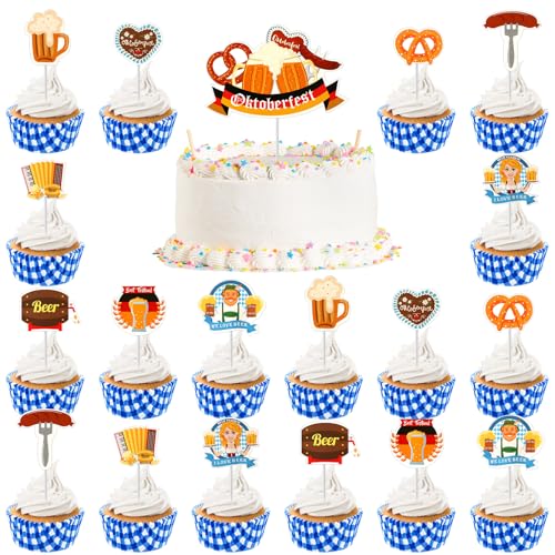 SANNIX Oktoberfest Cupcake Topper, 19 Stück Oktoberfest Deko Oktoberfest Tortendeko Deutsches Bierfest Dessert Kuchendekoration für bayerisches Oktoberfest, Bierfest Party, Geburtstagsparty von SANNIX