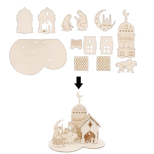 SANRLO Raumdekoration, Heimdekoration, Ornamente für Wohnzimmer, Basteln, Holzpuzzle, 3D-Islam-Ramadan-Schlöcher, Puzzle-Hausmodell-Kits, DIY-Haus-Puzzle-Dekoration, Holzdekoration von SANRLO