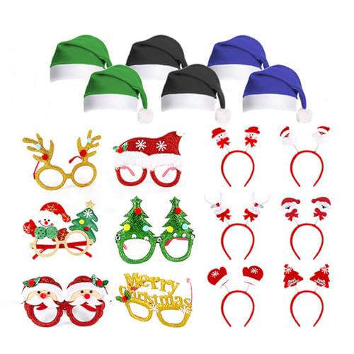 SANRLO Weihnachtsdekoration, Weihnachten, Kostüm, Weihnachtsfeier, Brillenrahmen mit Weihnachtsmütze, Slap Armbänder, Stirnband, Weihnachtsfeier-Dekoration für Kinder und Erwachsene von SANRLO