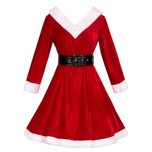 SANRLO Weihnachtsdekoration, Weihnachts-Kostüm, Weihnachtsmann-Kostüm-Set mit Kleid, Nikolausmütze, Ledergürtel, Strumpf für Damen und Mädchen, Weihnachten, Halloween von SANRLO