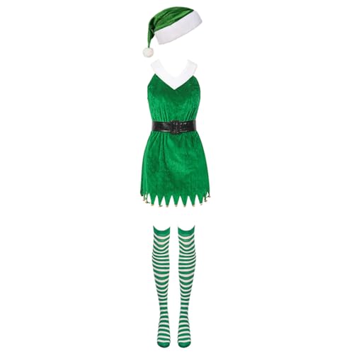 SANRLO Weihnachtsdekoration, Weihnachts-Kostüm, Weihnachtsmann-Kostüm-Set mit Kleid, Nikolausmütze, Ledergürtel, Strumpf für Damen und Mädchen, Weihnachten, Halloween von SANRLO