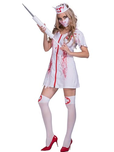 Blutiges Halloween-Krankenschwester-Kostüm für Damen, gruseliges, blutiges Zombie-Krankenschwesterkleid, Gesichtsbedeckungsset, kurzärmelig, Reißverschluss, Cosplay-Outfit (A-Weiß, Einheitsgröße) von SANSIWU