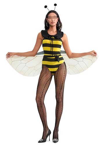 SANSIWU Bienenkostüm-Set für Damen, Cosplay, Halloween, Gelb, Honigbiene, Overall mit Flügeln, Hummel-Outfit (Standard, S, Gelb) von SANSIWU