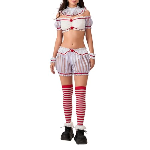 SANSIWU Clown-Kostüm für Damen, Clown-Tops, Shorts und gestreifte Strümpfe, Set für Cosplay, Rollenspiele, Party-Outfits (Grau, L) von SANSIWU