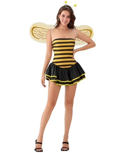 SANSIWU Damen Biene Halloween Cosplay Kostüm, Bienenkönigin Halloween Party Cosplay Kleid, Flügel, Stirnband und Arm Ärmel Fancy Kostüm (G-01, L) von SANSIWU