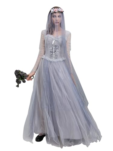 SANSIWU Damen Ghost Bride Mini Mesh Kleid Halloween Sweetheart Neck Rüschen Kurzarm Kleid Vampir Zombie Stirnband Cosplay Set (B-Gray, M) von SANSIWU