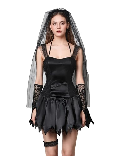 SANSIWU Damen Ghost Bride Mini Mesh Kleid Halloween Sweetheart Neck Rüschen Kurzarm Kleid Vampir Zombie Stirnband Cosplay Set (D-Black, L) von SANSIWU