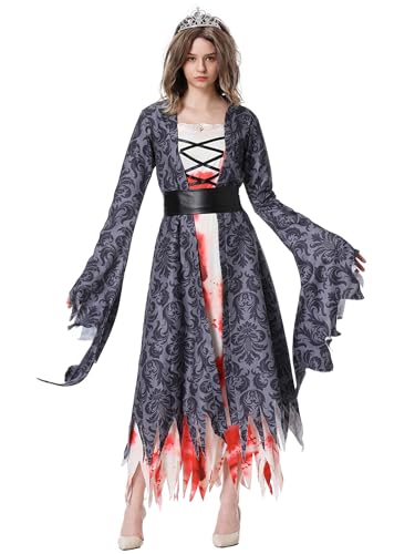 SANSIWU Damen Ghost Bride Mini Mesh Kleid Halloween Sweetheart Neck Rüschen Kurzarm Kleid Vampir Zombie Stirnband Cosplay Set (E-Black, L) von SANSIWU