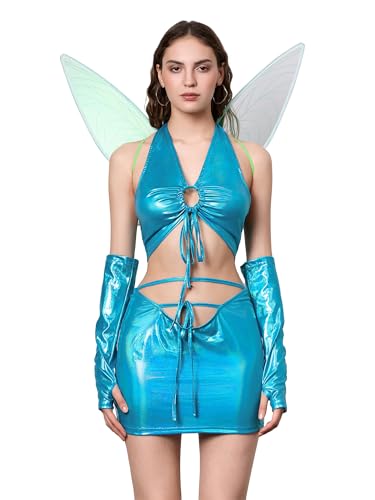 SANSIWU Damen Halloween Fee Cosplay Outfit Ärmelloses Tank Top Minirock Flügel Kostüm Musa Slim Fit Cropped Tops Hüftrock Anzüge (D-Blue, M) von SANSIWU