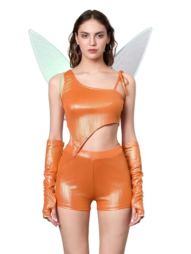 SANSIWU Damen Halloween Fee Cosplay Outfit Ärmelloses Tank Top Minirock Flügel Kostüm Musa Slim Fit Cropped Tops Hüftrock Anzüge (E-Orange, M) von SANSIWU