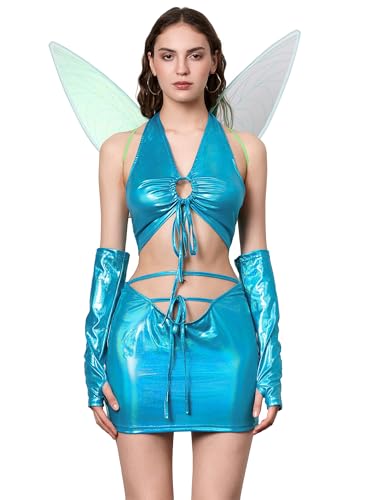 SANSIWU Damen Halloween Pretty Pixie Fee Cosplay Kostüm Set Fancy Dress Up Minikleid mit Schmetterlingsflügeln (B-Blue, L) von SANSIWU