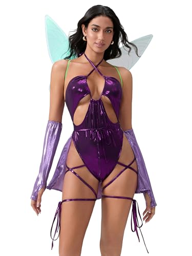 SANSIWU Damen Halloween Pretty Pixie Fee Cosplay Kostüm Set Fancy Dress Up Minikleid mit Schmetterlingsflügeln (C-Lila, L) von SANSIWU