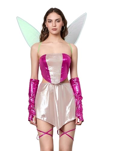 SANSIWU Damen Halloween Pretty Pixie Fee Cosplay Kostüm Set Fancy Dress Up Minikleid mit Schmetterlingsflügeln (D-Pink, L) von SANSIWU