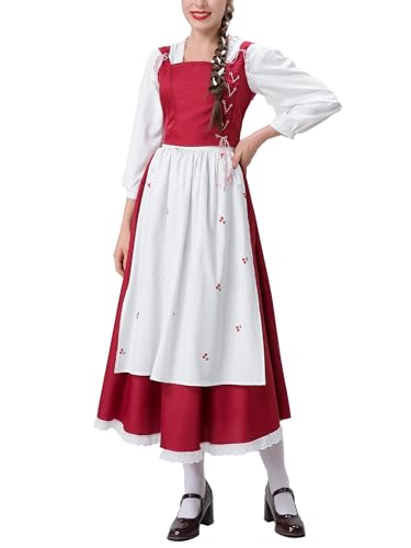 SANSIWU Damen-Kostüm-Outfit, langärmeliges Hemd, Weste, Schürze, Rock, roter Kapuzenumhang für Halloween, Cosplay-Party (Standard, L, mehrfarbig) von SANSIWU