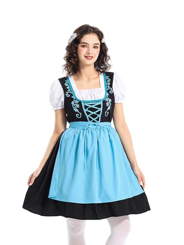 SANSIWU Damen Oktoberfest-Kostüm, kurze Puffärmel, Oktoberfest-Outfit, quadratischer Kragen, Kreuzbindung, Outfit, klassische Schürze, schmücken, Kleid (A-Blau, L) von SANSIWU