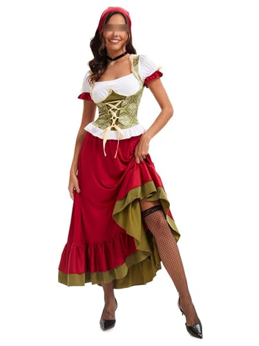 SANSIWU ​​Damen Oktoberfest Outfit Deutsches Bier Drindl Taverne Bayernisches Biermädchen Stretchy Fasching Halloween Kostüme für Frauen (Standard, S, B-Rot) von SANSIWU