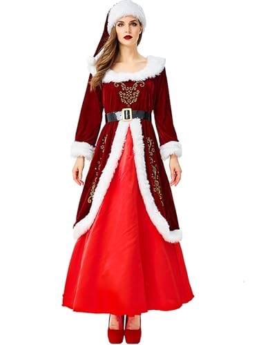 SANSIWU Damen Weihnachten Frau Santa Claus Kostüm Plüsch Patchwork Langarm Königin Kleid Maxikleid Quadratischer Ausschnitt Rollenspiel Outfit (A-Red, M) von SANSIWU