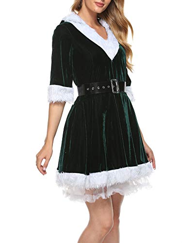 SANSIWU Damen Weihnachtsmann Kostüm Weihnachten Rundhals Plüschbesatz Babydoll Kleid Flauschiges Samt Patchwork Mini Partykleid (B-Grün, M) von SANSIWU