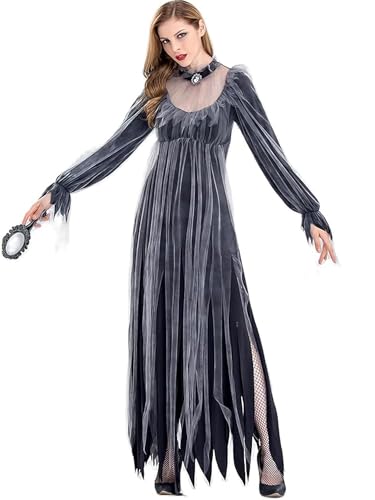 SANSIWU Damenkostüm für Halloween, Erwachsene, Leichenbraut-Kostüm, Hexenkleid, Halloween mit Maske, perfekt für Halloween oder jede Kostümparty (Standard, XL, A-Grau, Schwarz, Geisterbraut) von SANSIWU